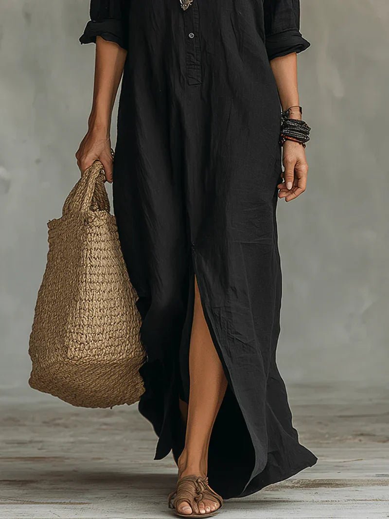 Céline™ | Loose Black Maxi Dress with Buttons