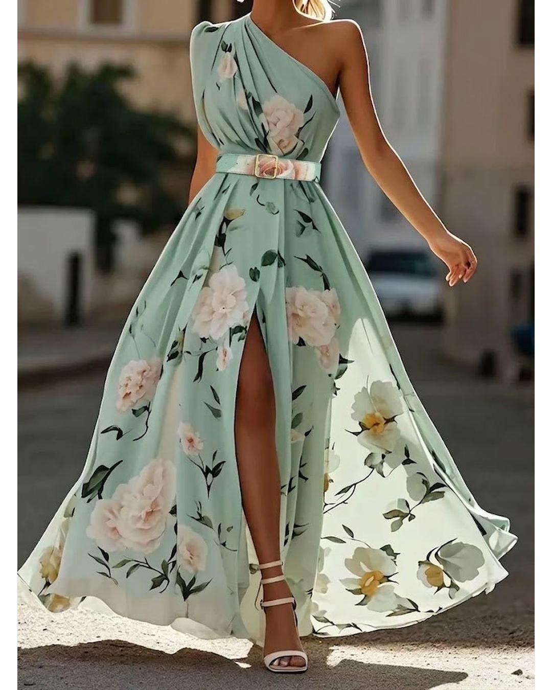 Aurora - Vestido largo floral de un solo hombro - Camila Fashions