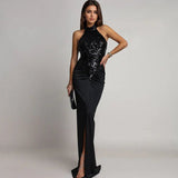 Victoria - Vestido halter con abertura y lentejuelas