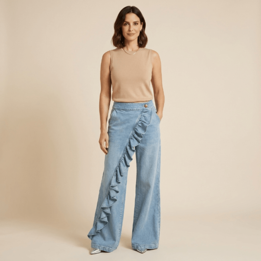 Violeta - Pantalones vaqueros asimétricos con volante y pierna ancha