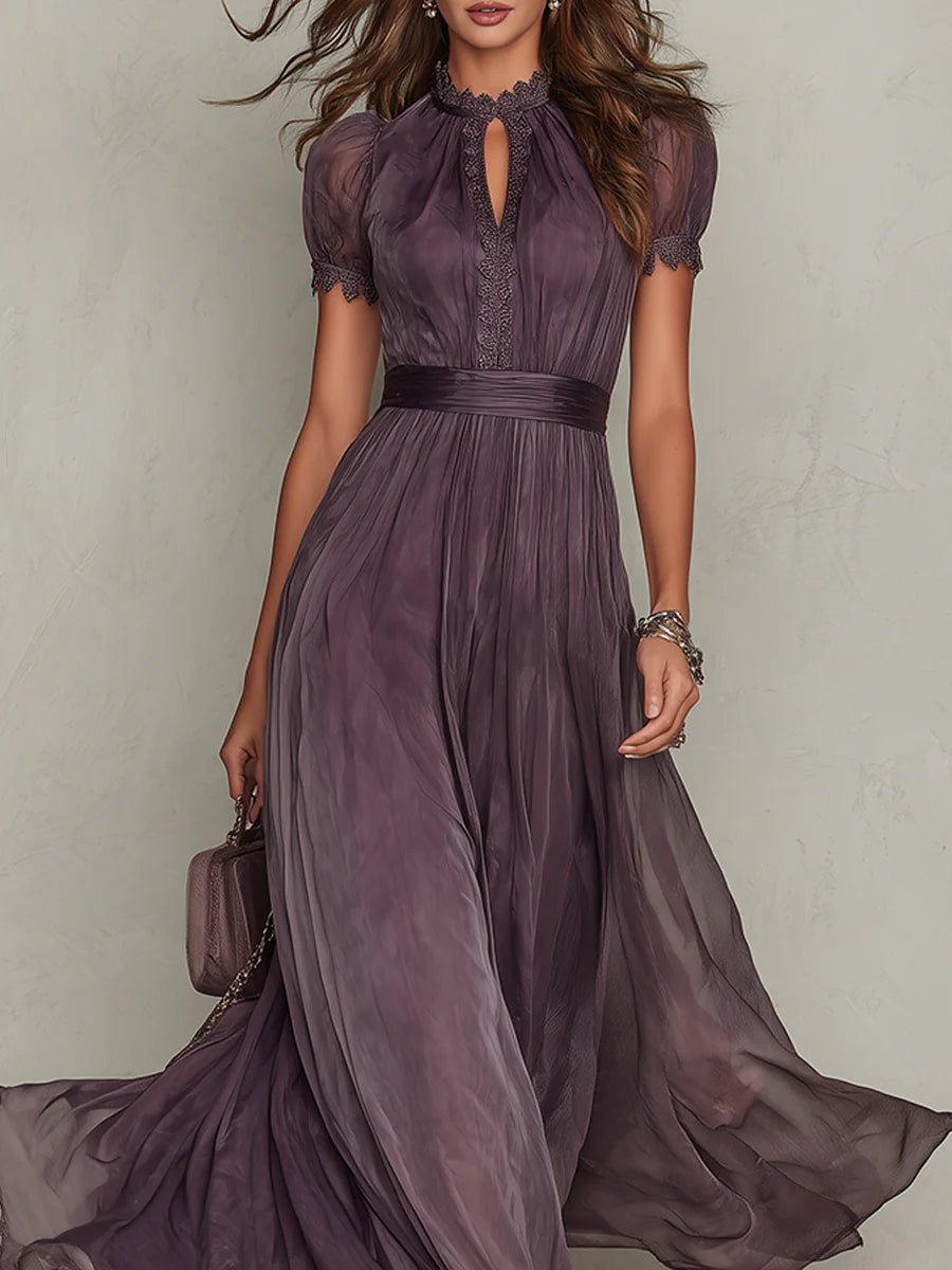 Flavia - Vestido largo violeta con escote lágrima y borde de encaje en chifón