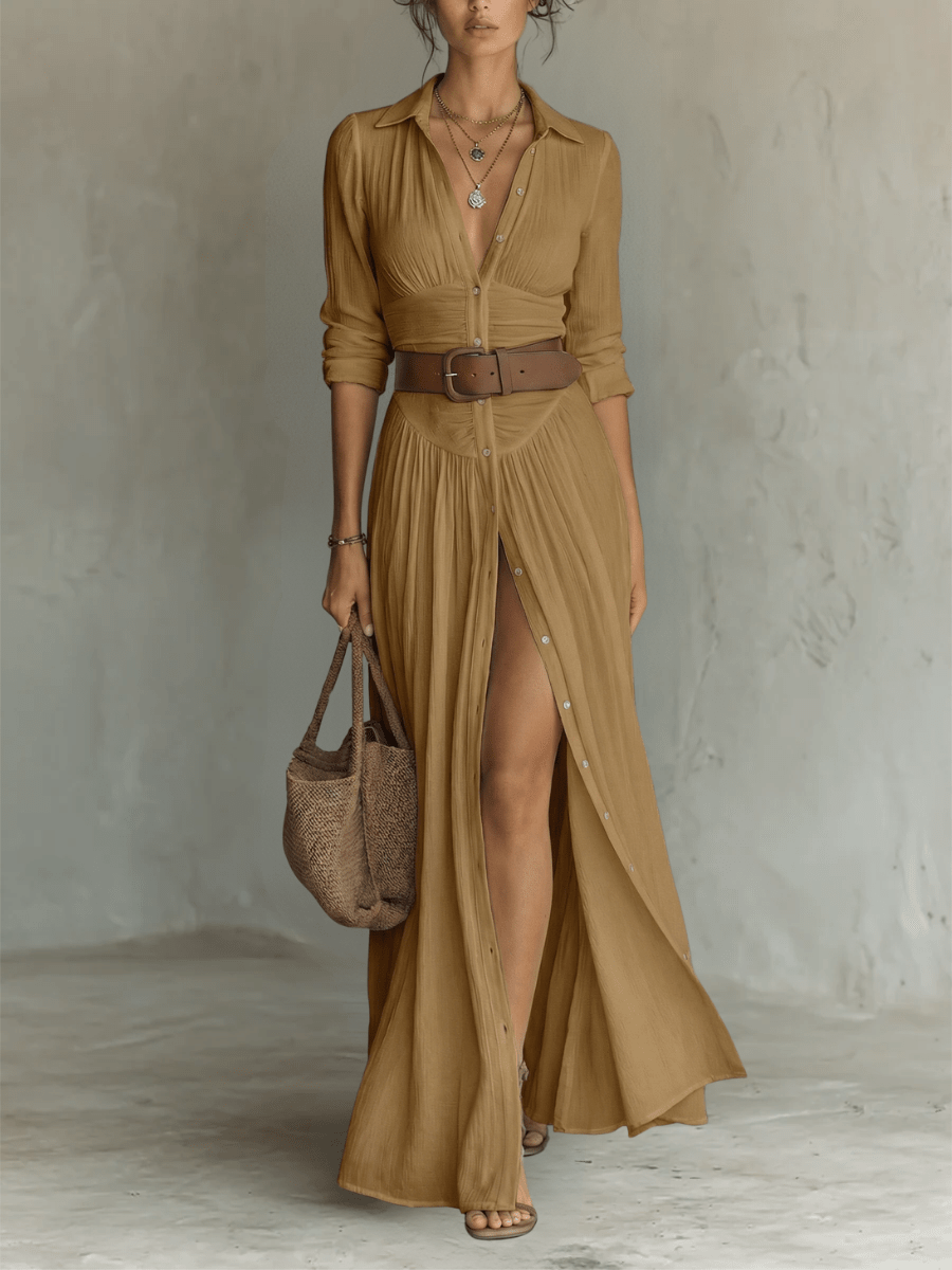 Marina - Vestido maxi femenino camisero de lino y algodón de Valerina Milano