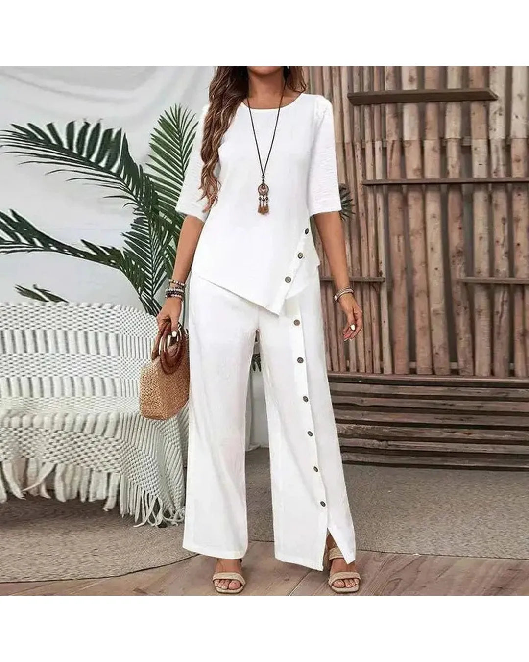 Elena - Conjunto elegante de top asimétrico y pantalón ancho - Camila Fashions