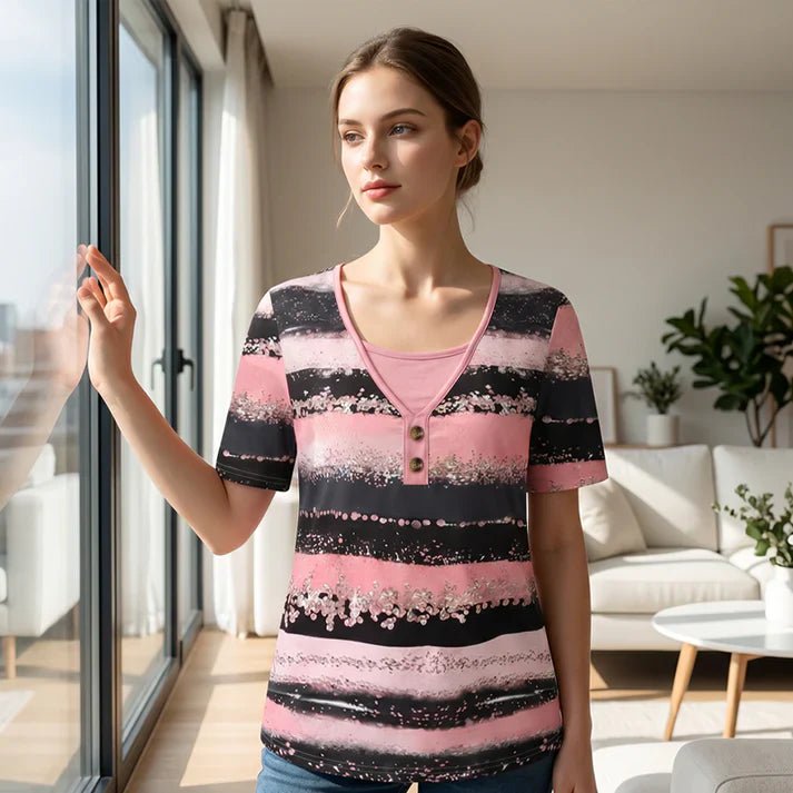 Carlota - Camiseta henley estampada de estilo casual