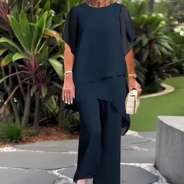 Nuria - Conjunto elegante con top asimétrico y pantalón ancho