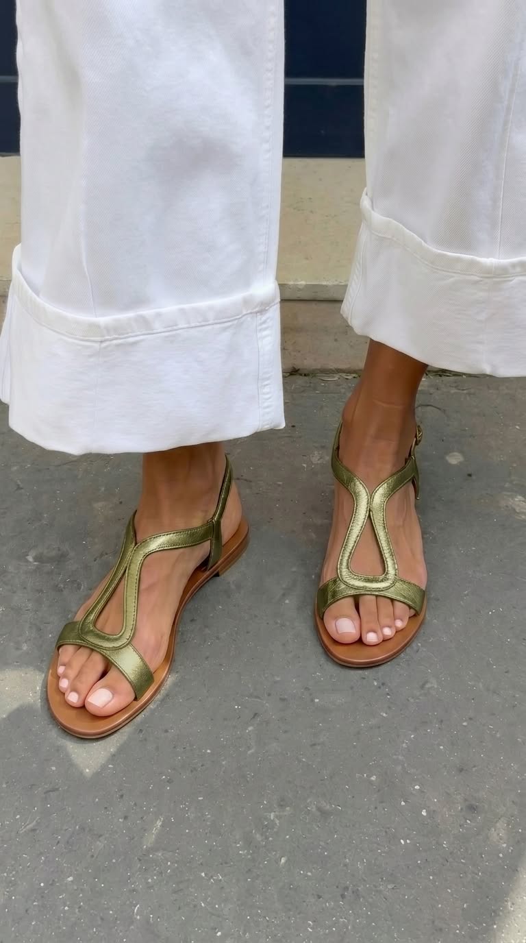 Casual low metallic gold cut-out slingback sandals