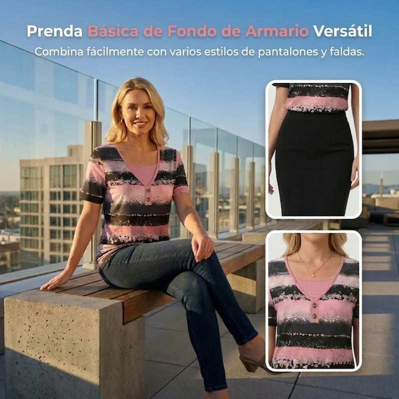 Carlota - Camiseta henley estampada de estilo casual
