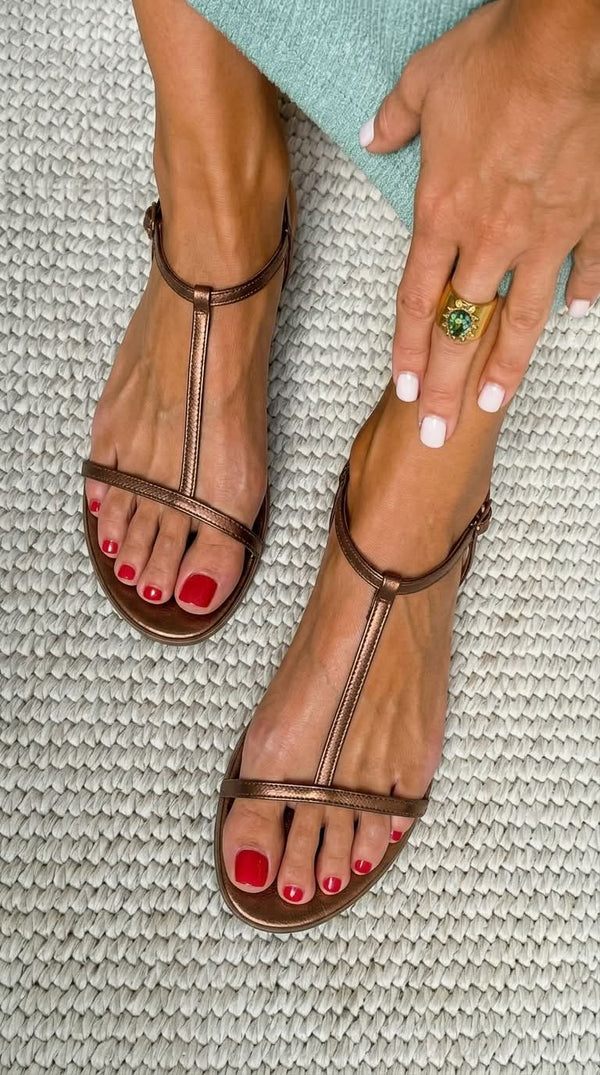 Metallic summer flat T-strap sandals