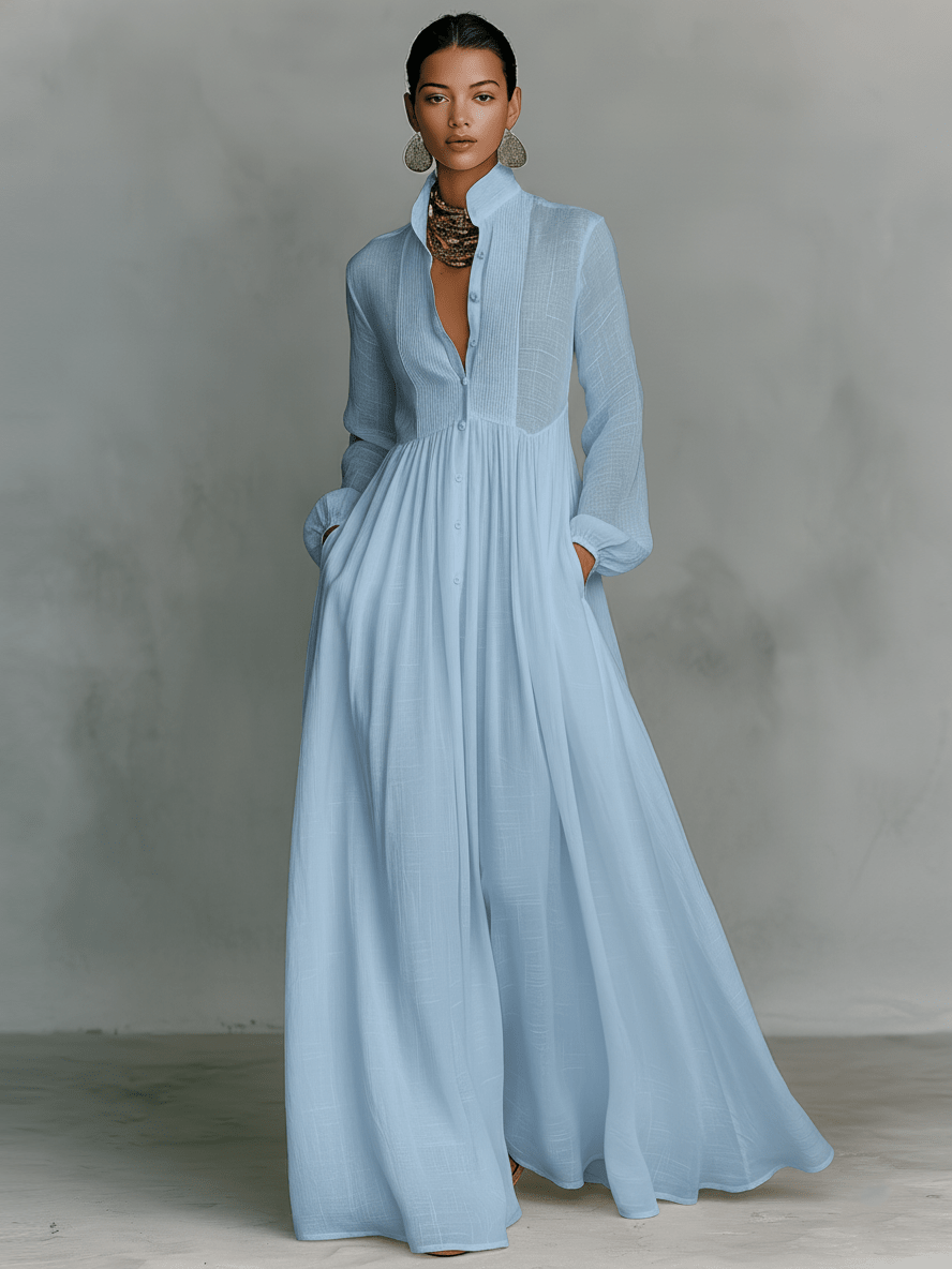Vestido maxi de lino con patchwork y cuello alto