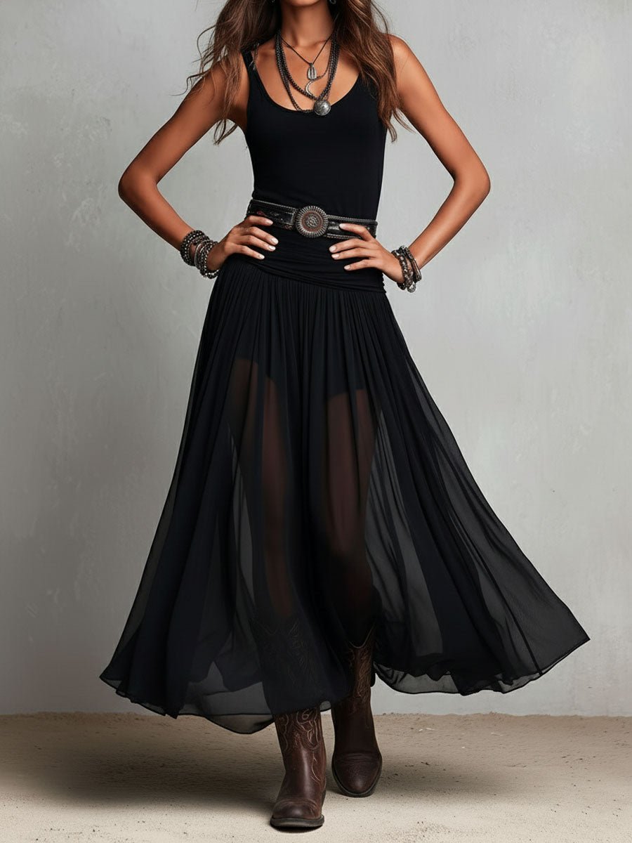Vestido maxi negro elástico estilo boho western con falda transparente