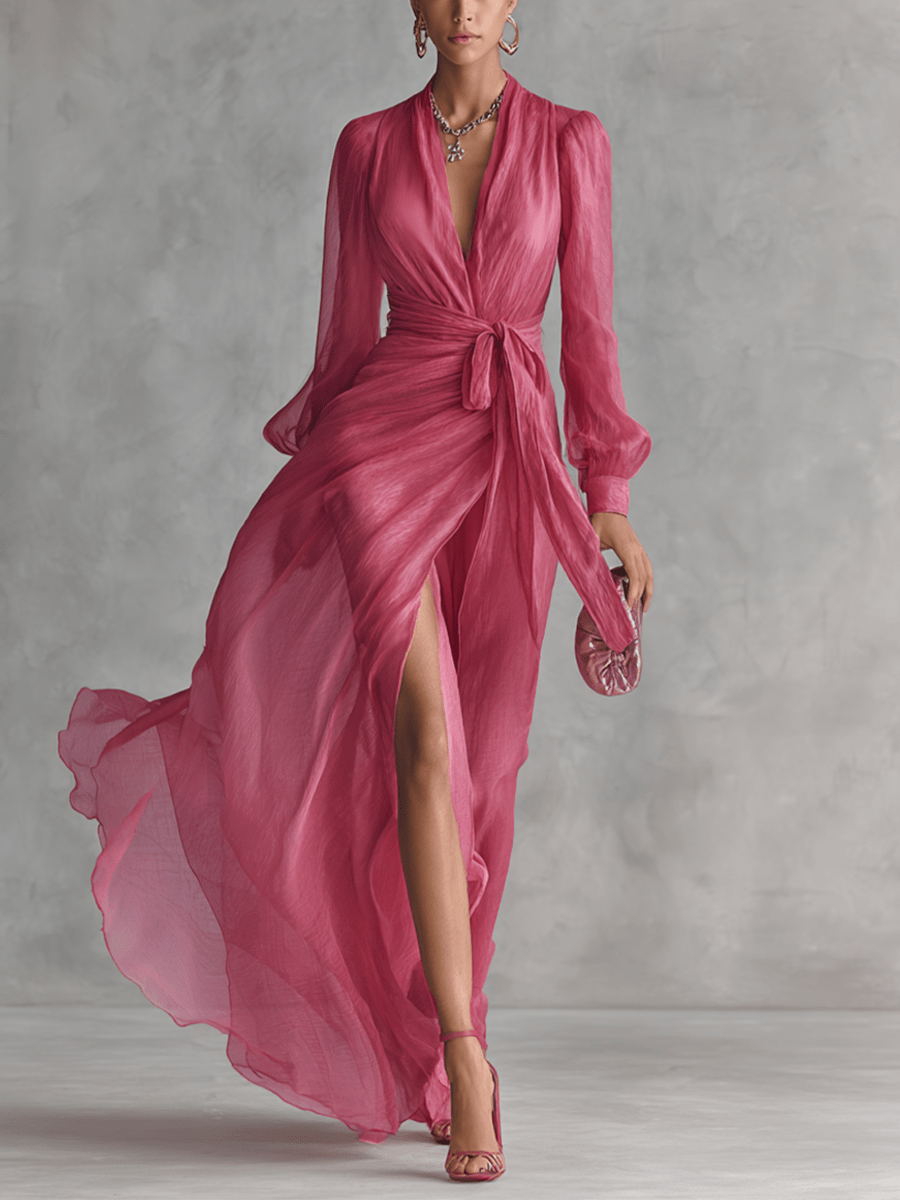 Vestido largo rosa de gasa con escote en V