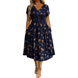 Vestito Donna Scollo a V Stampa Floreale con Vita Twist