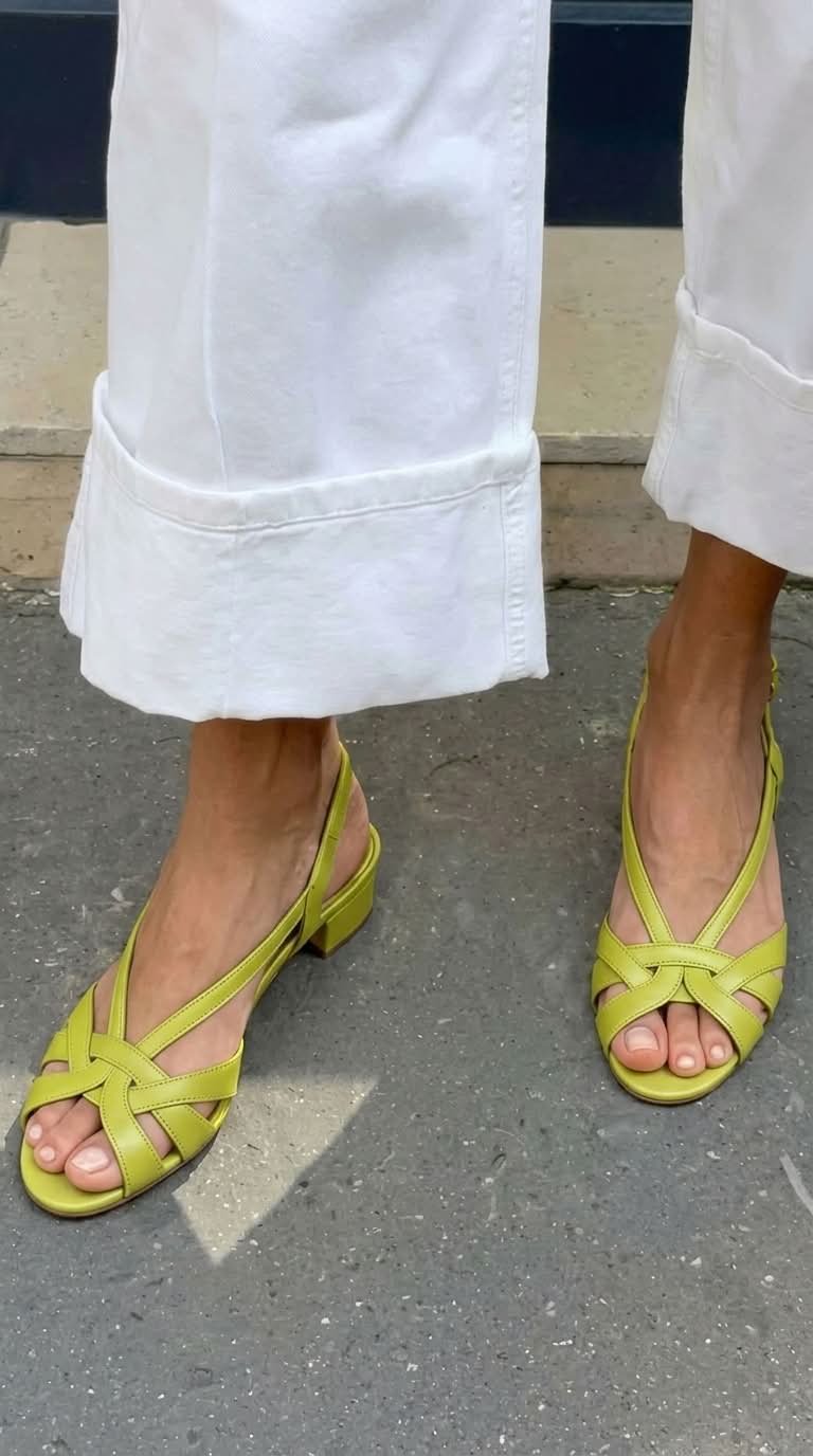 Nude leather slingback sandals with crossover straps and low heel