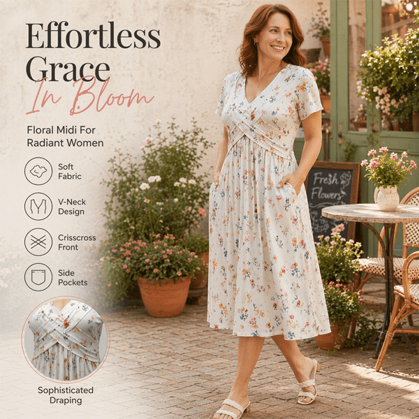 Vestito Donna Scollo a V Stampa Floreale con Vita Twist