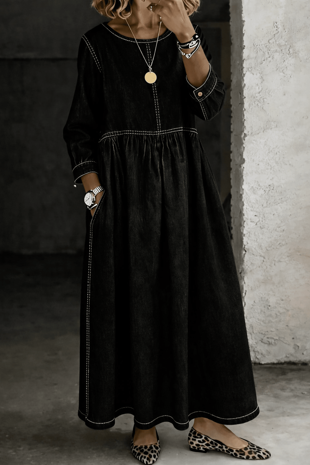 Melisa | Vestido vaquero de cuello redondo y manga larga