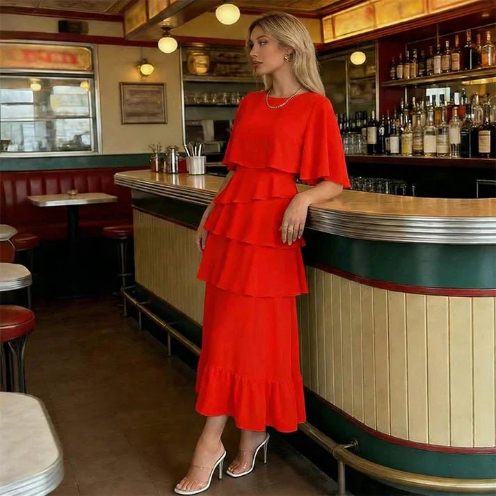 Raquel - Elegante vestido con mangas con volantes en capas