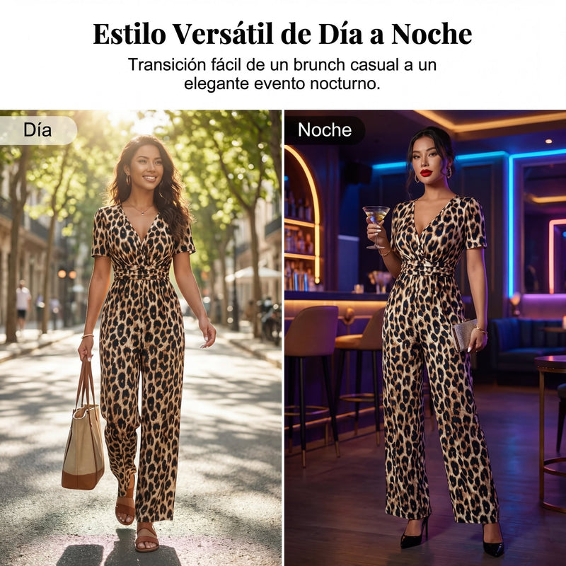 Lara - Mono de leopardo con escote en V y pierna ancha