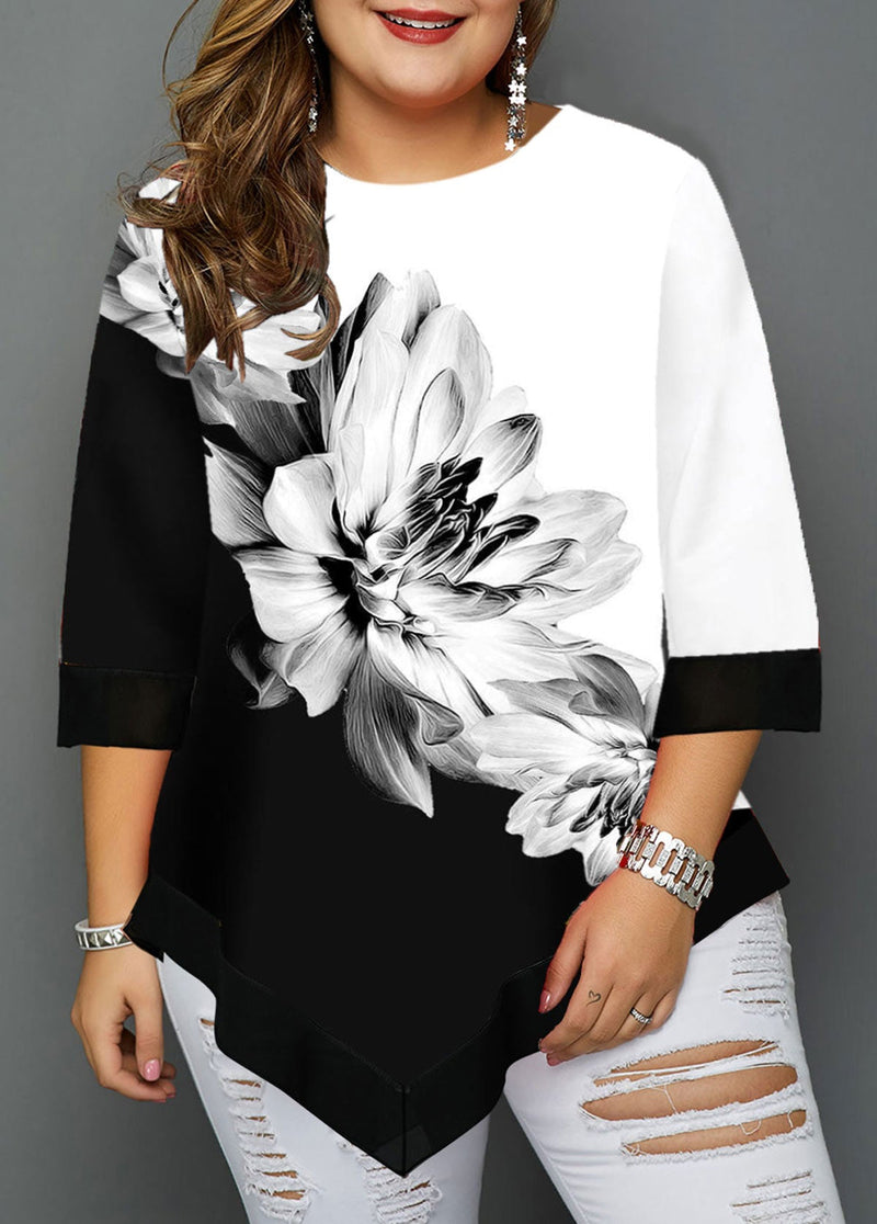 MODLILY®Asymmetric Hem Plus Size Floral Print T Shirt