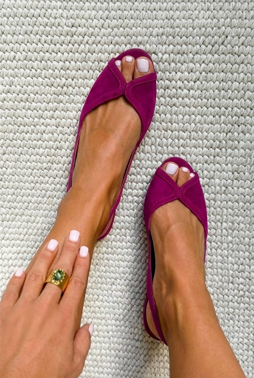 Chic fuchsia open-toe suede slingback flats