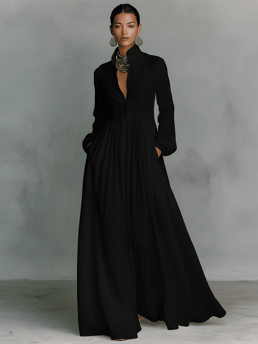 Vestido maxi de lino con patchwork y cuello alto