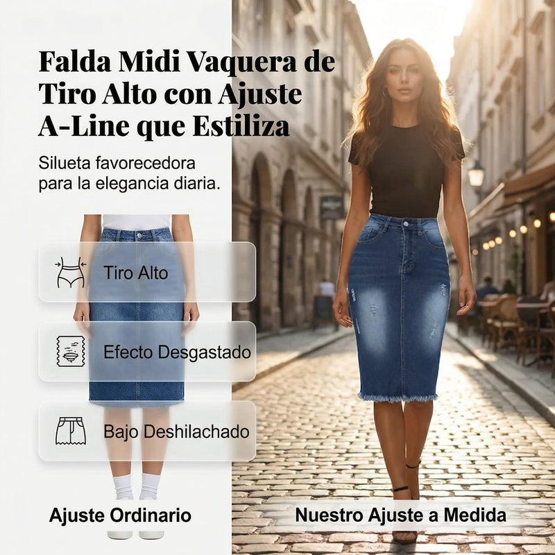 Estela - Falda vaquera de cintura alta con bajo deshilachado