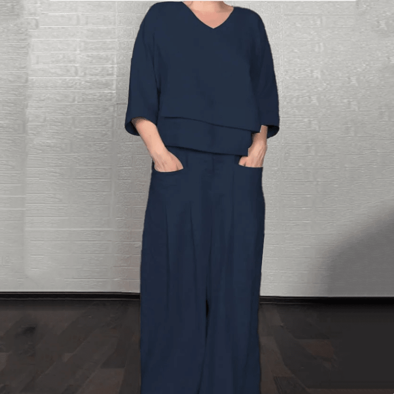💎 Conjunto 2 Piezas de Algodón y Lino con Bajo Irregular – Top Escote en V + Pantalón Ancho, Transpirable y Elegante sin Esfuerzo 🍂👚