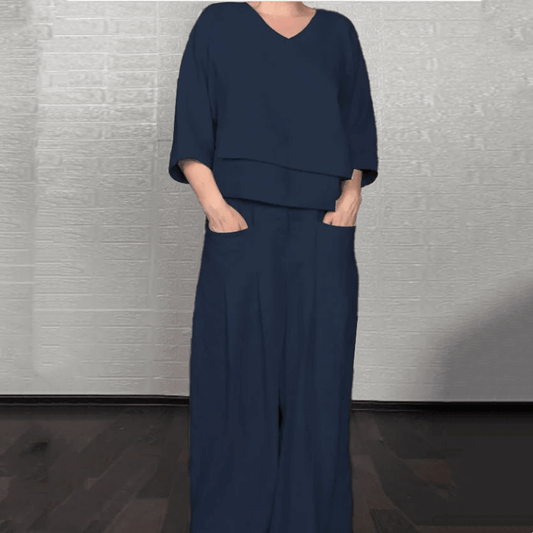 💎 Conjunto 2 Piezas de Algodón y Lino con Bajo Irregular – Top Escote en V + Pantalón Ancho, Transpirable y Elegante sin Esfuerzo 🍂👚