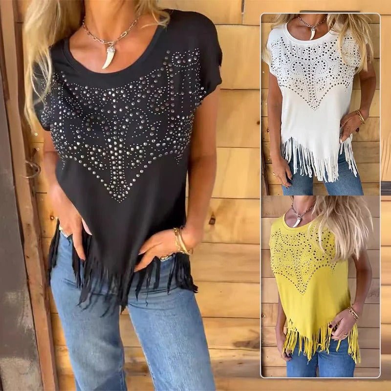 Mara - Camiseta con detalle brillante y flecos