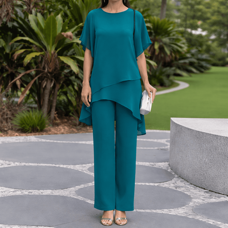 Nuria - Conjunto elegante con top asimétrico y pantalón ancho