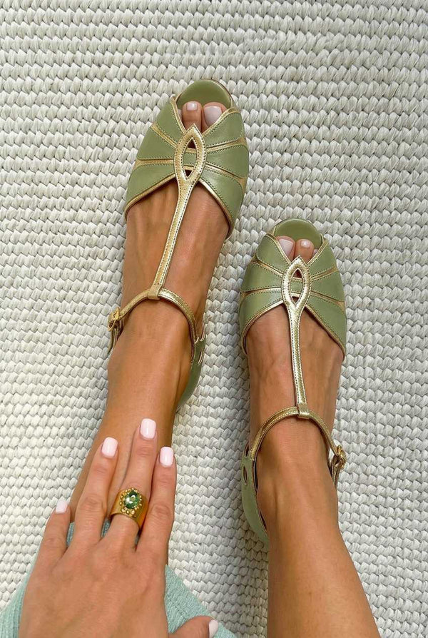 Cut-out peep-toe block heels with T-strap