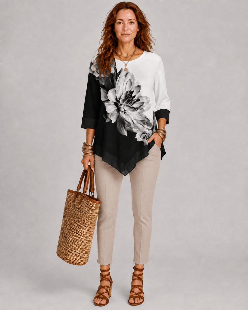 MODLILY®Asymmetric Hem Plus Size Floral Print T Shirt