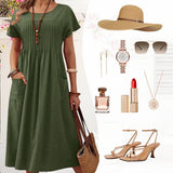 Irene - Vestido plisado con mangas cortas y bolsillos
