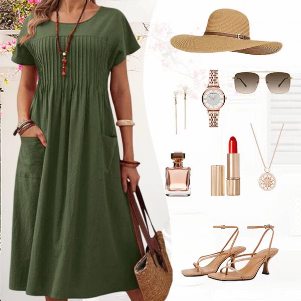 Irene - Vestido plisado con mangas cortas y bolsillos