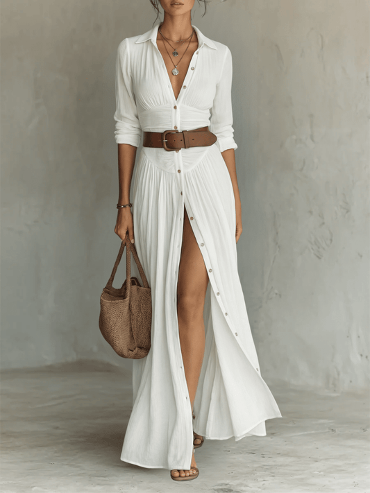 Vestido maxi de lino con cuello solapa y manga larga