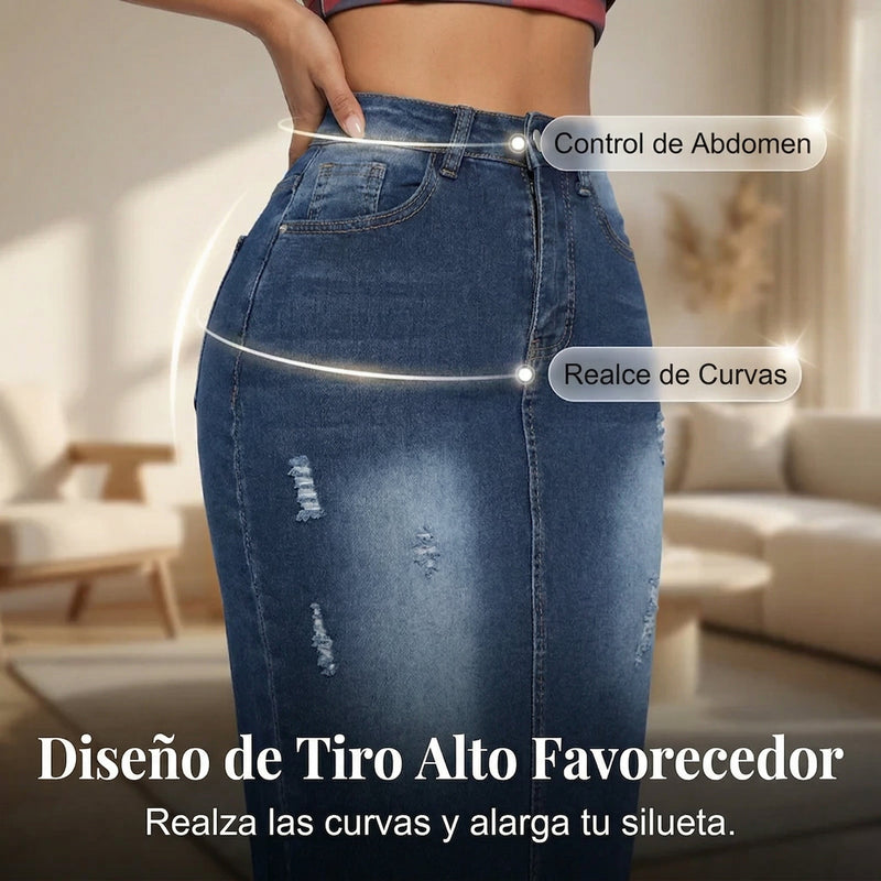 Estela - Falda vaquera de cintura alta con bajo deshilachado