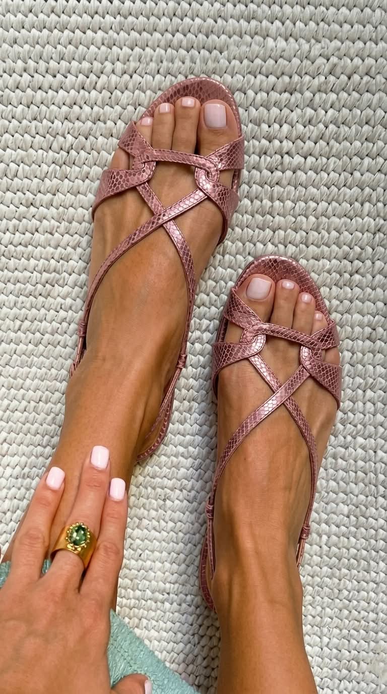 Low-heeled bronze open-toe slingback sandals with a snakeskin-effect finish