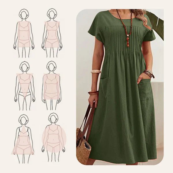 Irene - Vestido plisado con mangas cortas y bolsillos