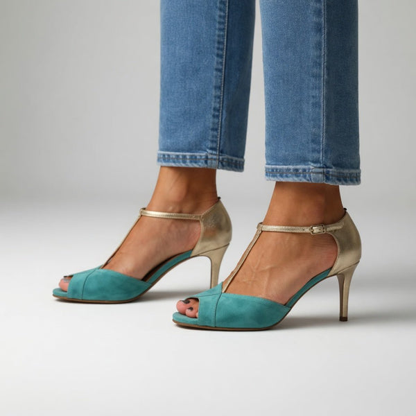 Roksana™ — Two-Tone Turquoise Gold Stiletto Sandals, Vibrant Elegance