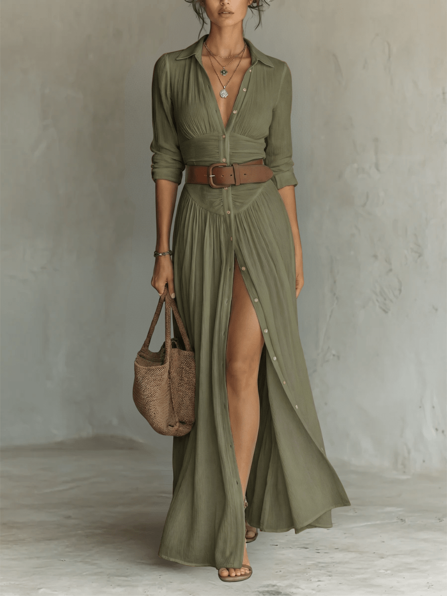 Marina - Vestido maxi femenino camisero de lino y algodón de Valerina Milano