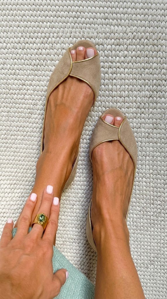 Beige and gold open-toe suede d'Orsay flats