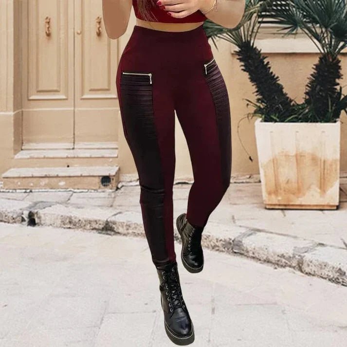 Daniela - Pantalón de cuero sintético con detalles en contraste y cremallera