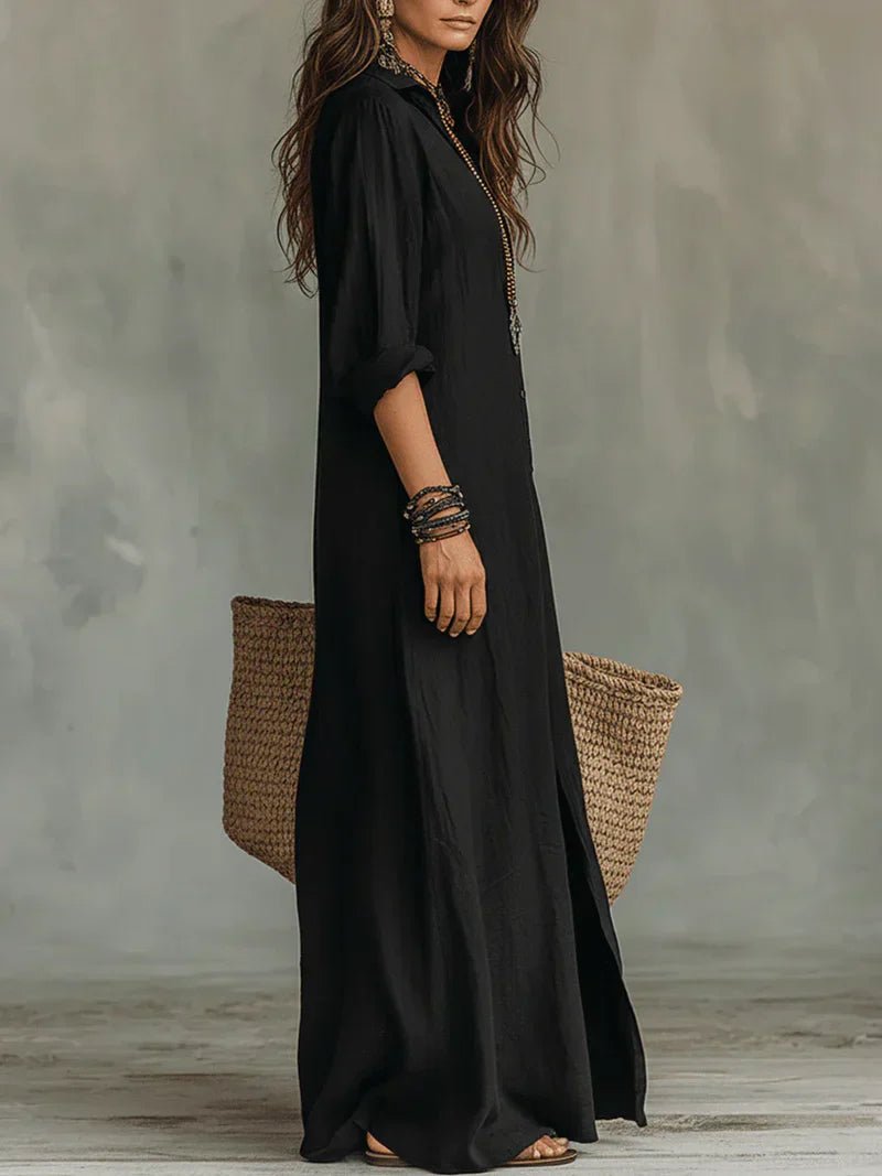Céline™ | Loose Black Maxi Dress with Buttons