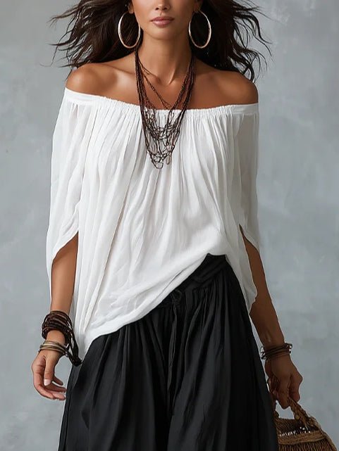 White Off-Shoulder Top & Flared Lantern Trousers Set