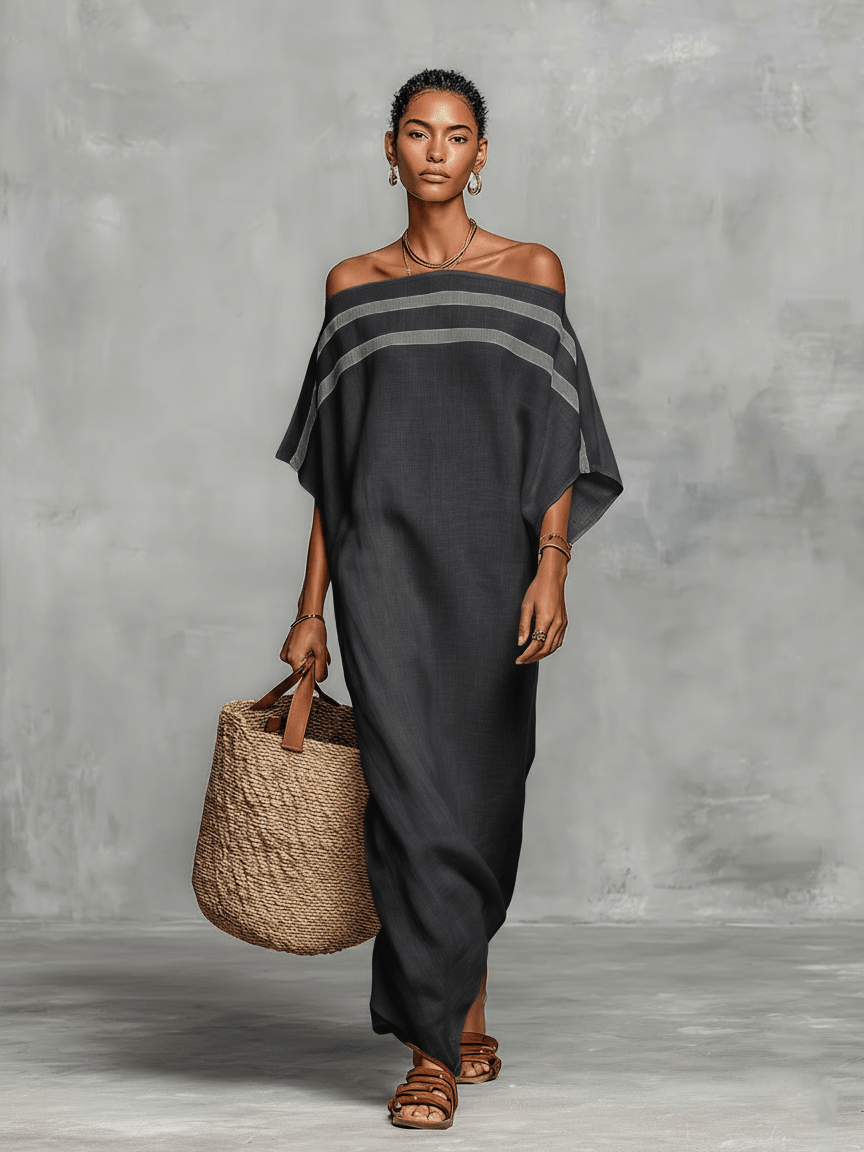 Vestido maxi de lino con hombros descubiertos