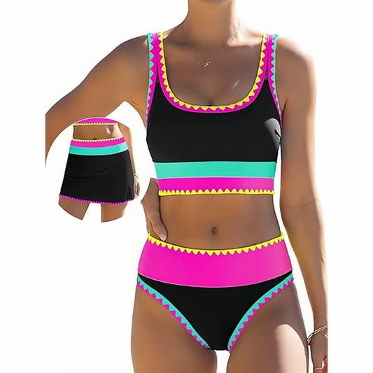 👙🌊 Conjunto de Bikini 3 Piezas – Cintura Alta, Color Block y Diseño en Zigzag para Playa y Vacaciones