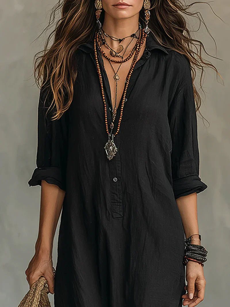 Céline™ | Loose Black Maxi Dress with Buttons
