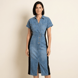 Miranda - El vestido efecto estilizador: patchwork denim con paneles laterales