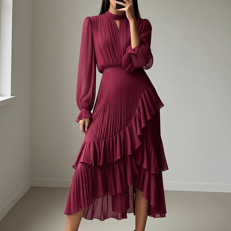 Noelia - Vestido elegante con escote ojo de cerradura y volantes