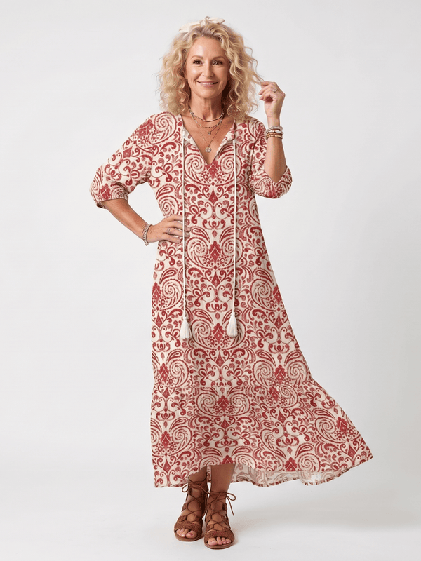 Noelle | Ornate Print Tassel Tie Midi Dress