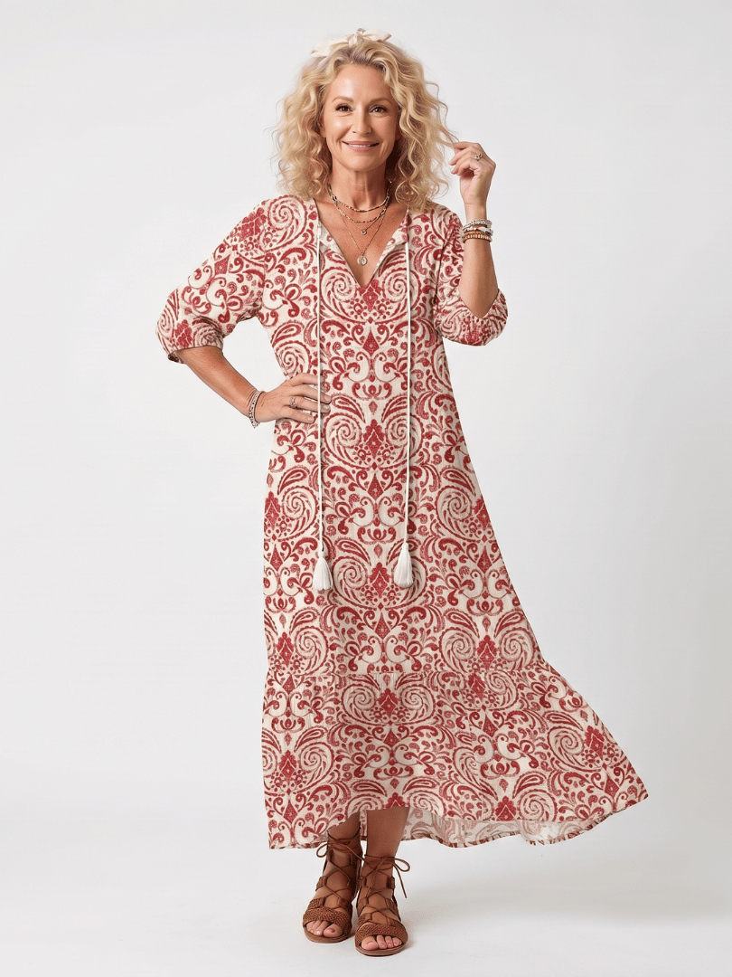 Noelle | Ornate Print Tassel Tie Midi Dress